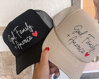 God, Family, + America Trucker Hat, Patriotic Hat