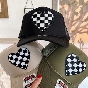 Checkered Heart Trucker Hat, Trendy Hats