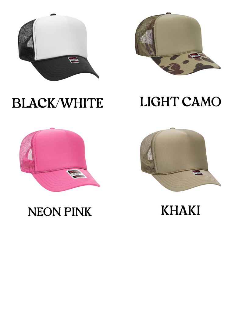 K&ouml;nnte beinhalten: Vier Trucker-Caps in verschiedenen Farben und Mustern. Die Caps sind schwarz-wei&szlig;, helles Tarnmuster, neongelb und khaki.