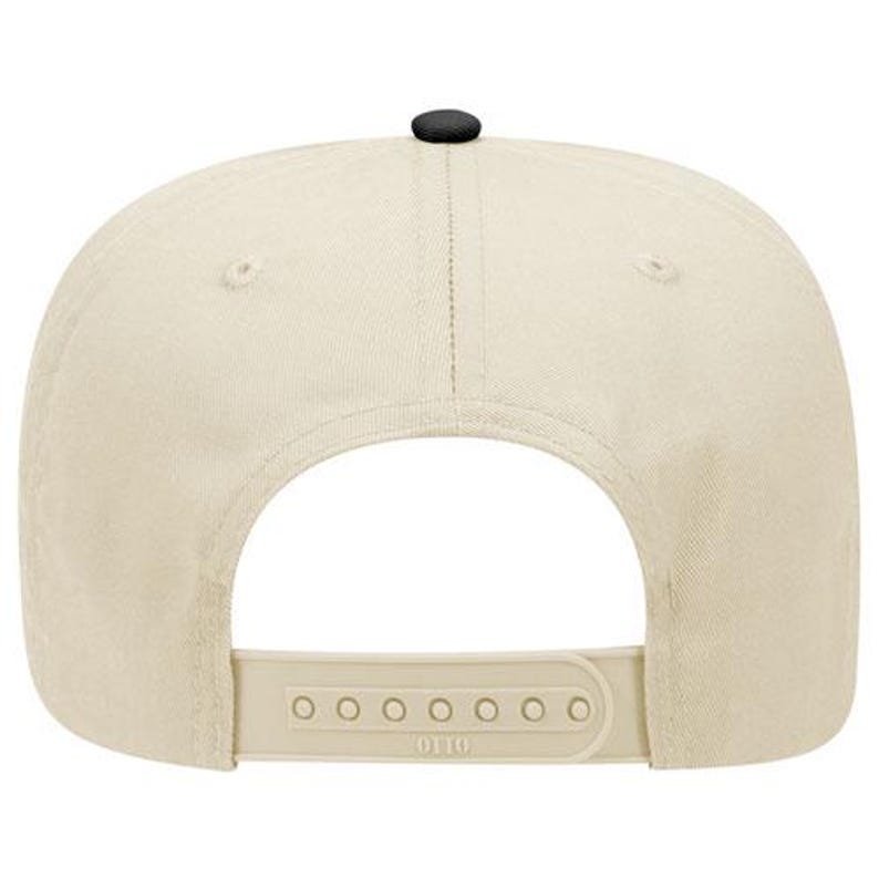 May include: A beige baseball cap with a black adjustable strap and a black button on top.