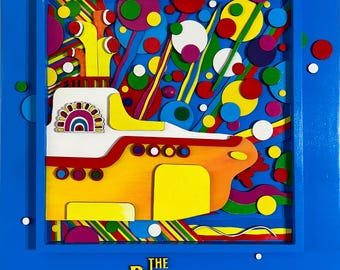 Żółta łódź podwodna zespołu The Beatles ożywiona w wielkoformatowej, trójwymiarowej sztuce ściennej