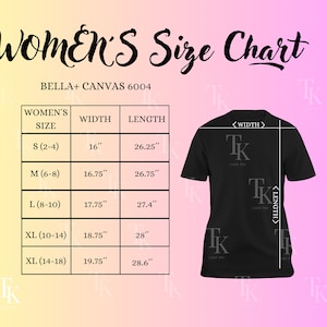 Bella Canvas 6004 Size Chart, Women T-Shirt Mockup, Women Slim Fit, Bella Canvas Size Chart