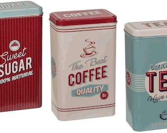 Almineez Retro Set of 3 Stainless Steel Tea Coffee Sugar Jar Canisters Kitchen Container Tins Storage Organiser Set Air Tight Vintage Design