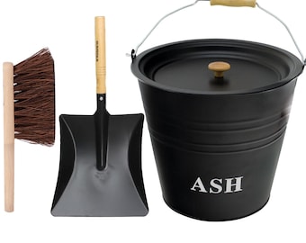 12L Metal Ash Bucket With Lid Shovel & Brush Fireplace Container Litre Coal Bin