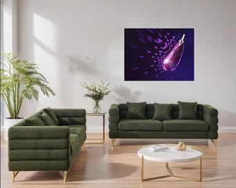May include: Two green fabric sofas with gold legs and a white round coffee table with a gold base. The sofas are arranged in a living room setting with a purple disco ball hanging from the ceiling.