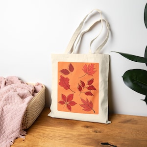 Autumn Leaves Tote Bag | Fall Leaf Illustration, Orange Red Leaves Cotton Tote