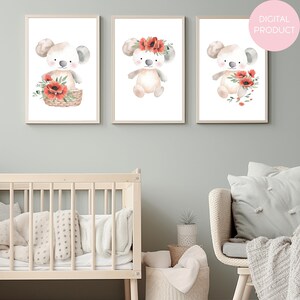 Koala & Poppy Floral | Watercolor Nursery Art | 3 Piece Set | Digital Download
