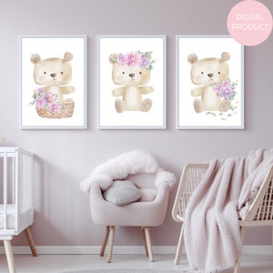 Teddy Bear & Aster Floral | Watercolor Nursery Art | 3 Piece Set | Digital Download