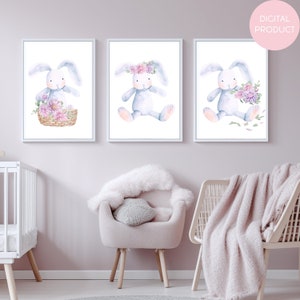 Bunny & Aster Floral | Watercolor Nursery Art | 3 Piece Set | Digital Download