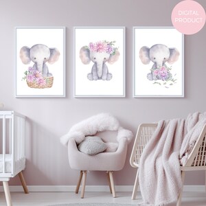 Elephant & Aster Floral | Watercolor Nursery Art | 3 Piece Set | Digital Download