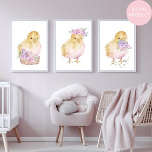 Chick & Aster Floral | Watercolor Nursery Art | 3 Piece Set | Digital Download