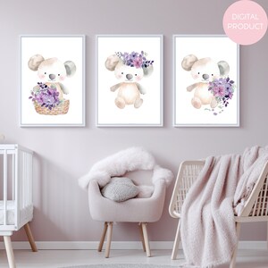 Koala & Violet Floral | Watercolor Nursery Art | 3 Piece Set | Digital Download