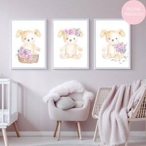 Puppy & Aster Floral | Watercolor Nursery Art | 3 Piece Set | Digital Download