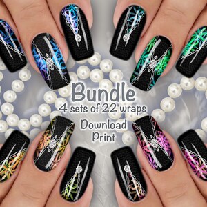 May include: A bundle of 4 sets of 22 nail wraps featuring a black background with a silver chain and colorful floral designs. The text "Bundle 4 sets of 22 wraps Download Print" is visible in the center of the image.