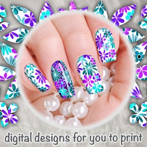 Turquoise Purple Hippie Flowers - Nail Wrap - Floral Design 017 - Printable Instant Download - Abstract designs to print your own nail wraps