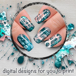Puede incluir: Cinco diseños de arte de uñas abstractas en azul verdoso y blanco sobre un fondo blanco. Los diseños presentan un patrón de mármol en espiral. "digital designs for you to print" está escrito debajo de la imagen.