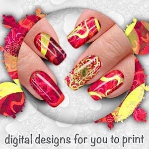Siren Red - Nail Wrap - Fractal Design 011 - PPrintable Instant Download - Abstract designs to print your own nail wraps