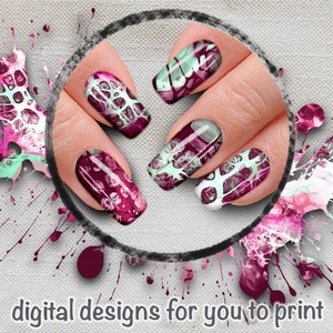 May include: Digital nail art designs featuring abstract patterns in shades of pink, white, and green. The designs are shown on a hand with painted nails.
