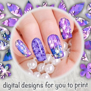 Hyacinth Purple Inks & Flowers - Nail Wrap - Floral Design 016 - Printable Instant Download - Abstract designs to print your own nail wraps