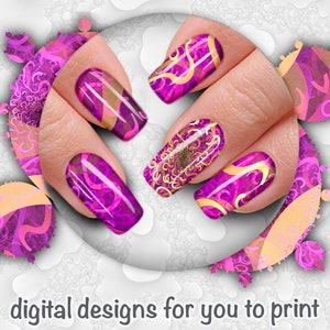 Flamingo Squiggles - Nail Wrap - Fractal Design 011 - Printable Instant Download - Abstract designs to print your own nail wraps