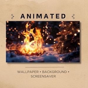 BEZSZWOWA ANIMOWANA Tapeta na Wygaszacz Ekranu | Ognisko świąteczne | Płomień, Kominek, Zima, Śnieg | Nakładka Twitch, Scena OBS