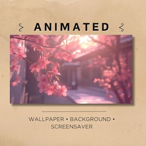 May include: A digital illustration of a pink cherry blossom tree in a Japanese garden setting. The image is a soft, pastel pink and white with a blurred background. The text "ANIMATED" is displayed above the image.