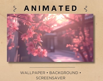 LIVE GEANIMEERD Frame Art Achtergrond Screensaverbehang | Kersenbloesemtak | Romantisch, vredig, Japans, zonsondergang | Twitch, OBS