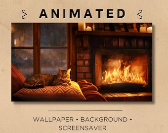 SEAMLESS ANIMATED Background Screensaver Wallpaper | Sleeping Cat Fireplace | Flame, Cosy, Aesthetic | Twitch Overlay, OBS, Moving Art