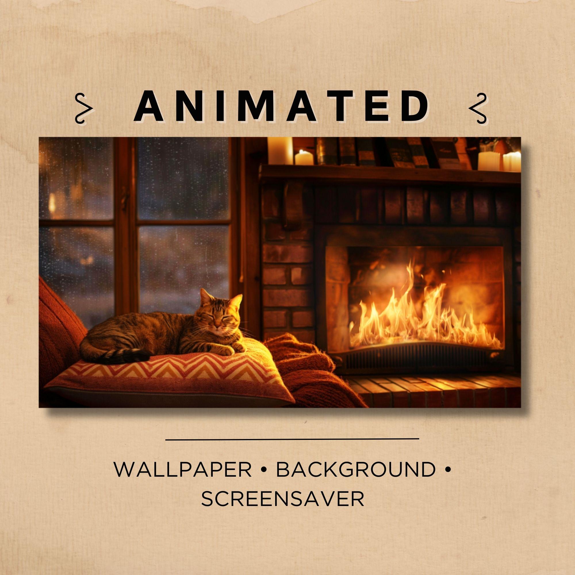 LIVE GEANIMEERD Frame Art Achtergrond Screensaverbehang | Open haard slapende kat | Vlam, gezellig, esthetisch | Twitch-overlay, OBS, bewegende kunst