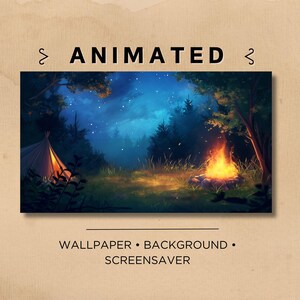 May include: A digital illustration of a starry night scene with a campfire, a tent, and trees. The scene is set in a forest with a dark blue sky and a bright orange fire.