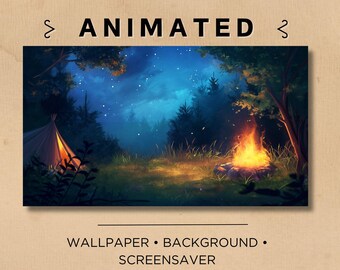 May include: A digital illustration of a starry night scene with a campfire, a tent, and trees. The scene is set in a forest with a dark blue sky and a bright orange fire.