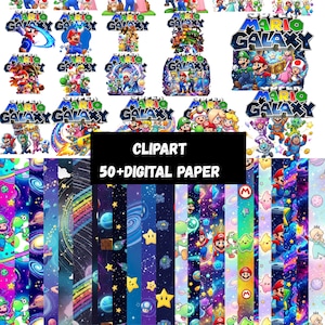 Könnte beinhalten: Eine Sammlung digitaler Kunst mit Charakteren aus dem Videospiel Mario Galaxy. Das Bild enthält verschiedene Charakterillustrationen, das Logo des Spiels und farbenfrohe digitale Papierdesigns mit Weltraum- und Sternthemen. Der Text "CLIPART 50+ DIGITAL PAPER" ist ebenfalls vorhanden.