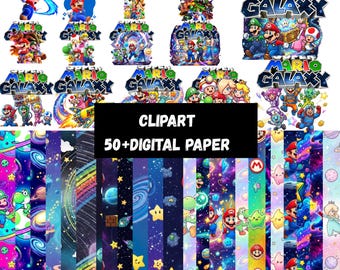 Paquete de imágenes prediseñadas de Super Mario Galaxy (más de 90) / Paquete de papel digital de Mario (más de 90) / Conjunto de gráficos de videojuegos para álbumes de recortes imprimibles