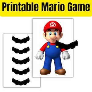 Puede incluir: Imagen de un juego de Mario imprimible. Muestra a Mario con su gorra roja y su mono azul, con un bigote negro. Incluye una hoja de bigotes negros para un juego. El texto "Printable Mario Game" está en una pancarta amarilla.