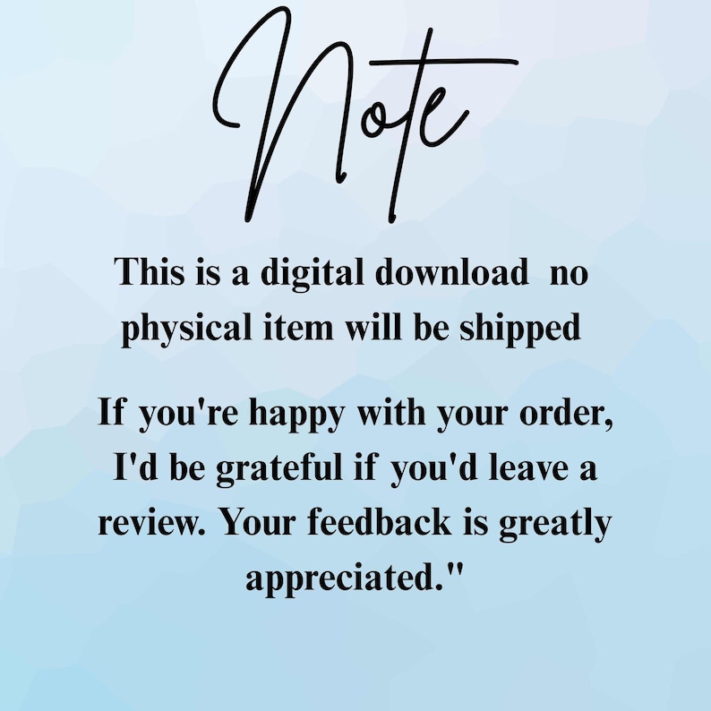 Puede incluir: Un anuncio de descarga digital con la palabra "Note" en escritura cursiva. El texto indica que no se enviar&aacute; ning&uacute;n art&iacute;culo f&iacute;sico y solicita una rese&ntilde;a.