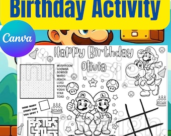 Folha de atividades de aniversário para imprimir | Pacote de jogos para festa infantil | Páginas para colorir com labirinto de caça-palavras | Download de atividades de aniversário para menino