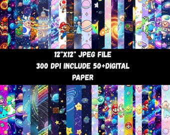 Super Mario Galaxy 50+ Digital Paper Pack 12x12 JPG | 300 DPI Space Game Printable Backgrounds for Scrapbook Crafts DIY Download
