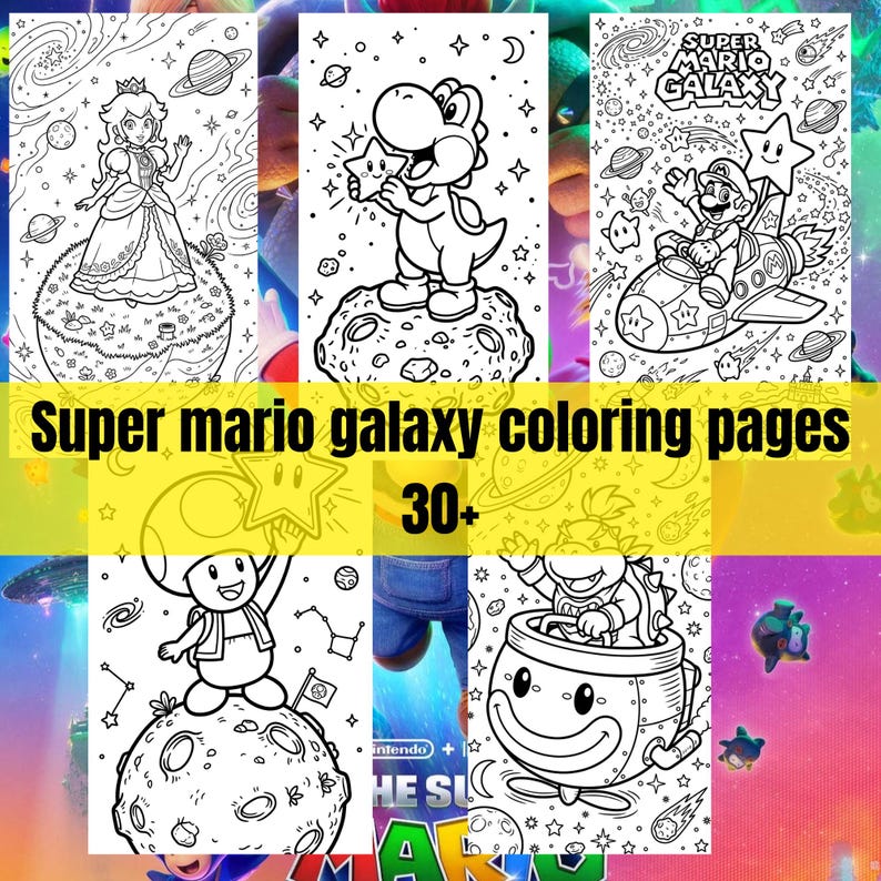 May include: Black and white coloring pages featuring characters from Super Mario Galaxy. The pages include Princess Peach, Yoshi, Mario in a rocket, and Toad. The text "Super Mario Galaxy coloring pages" and "30+" are also visible.