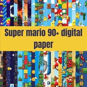 Puede incluir: Una colección de papeles digitales con diseños temáticos de Super Mario. La imagen presenta varios patrones coloridos con elementos icónicos del juego como estrellas, champiñones y bloques de interrogación. El texto en una pancarta amarilla dice "Super Mario 90+ digital paper."