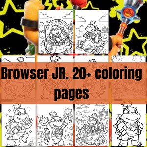 May include: A collection of coloring pages featuring Bowser Jr. in various action poses. The pages are black and white line drawings, ready for coloring. The text "Browser JR. 20+ coloring pages" is displayed across the image.