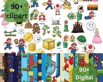 Pacote com mais de 90 imagens clipart | Pacote com mais de 90 papéis digitais | Conjunto de gráficos de videogames para scrapbook imprimíveis | Download instantâneo