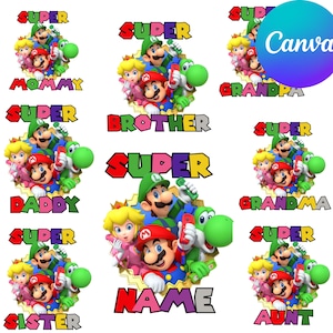 Puede incluir: Una colecci&oacute;n de dise&ntilde;os gr&aacute;ficos coloridos con personajes de un popular videojuego. Cada dise&ntilde;o incluye la palabra "SUPER" y un t&eacute;rmino familiar como "MOMMY" o "BROTHER". Los dise&ntilde;os est&aacute;n sobre un fondo blanco.