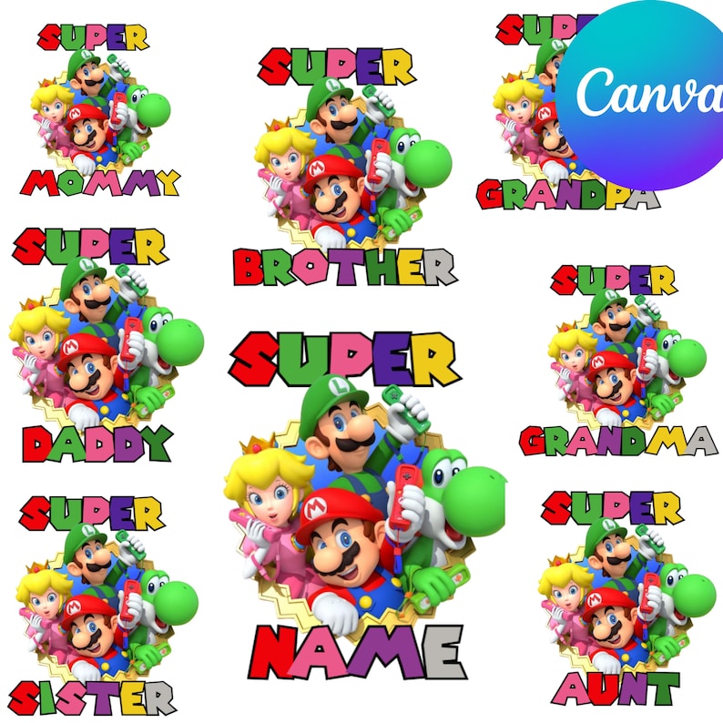 Puede incluir: Una colecci&oacute;n de dise&ntilde;os gr&aacute;ficos coloridos con personajes de un popular videojuego. Cada dise&ntilde;o incluye la palabra "SUPER" y un t&eacute;rmino familiar como "MOMMY" o "BROTHER". Los dise&ntilde;os est&aacute;n sobre un fondo blanco.