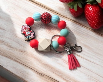 Braccialetto da polso con perline in silicone rosa a forma di fragola, portachiavi allungabile da 7,5 pollici