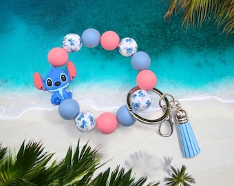 Blue Alien Wristlet With Silicone Beads And Charm 8"