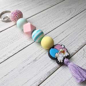 Tiny Twin Stars Japanese Keychain With Silicone Charm 7&quot; Key Ring Key Fob