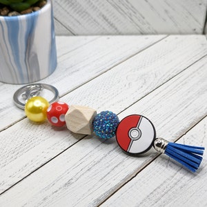Pocket Monster Ball Beaded Keychain Silicone Charm 7" Key Ring With Tassel