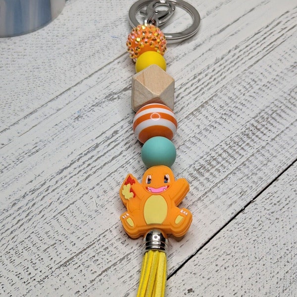 Charmander Pokemon Keychain Orange With Silicone Charm 7" Key Ring Tassel