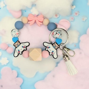 Japanese Friendly Cinnamon Roll Dog Wristlet 7.5&quot; With Silicone Charm Key Ring Tassel