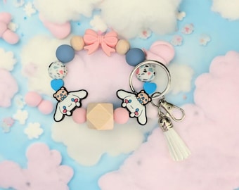 Japanese Friendly Cinnamon Roll Dog Wristlet 7.5" With Silicone Charm Key Ring Tassel